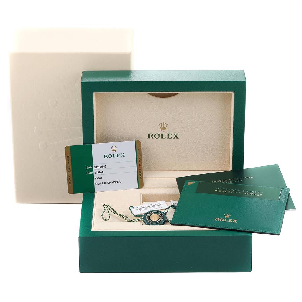 This is a top-down view showing the box, warranty booklet, tag, and card for a mid-size Rolex watch model.