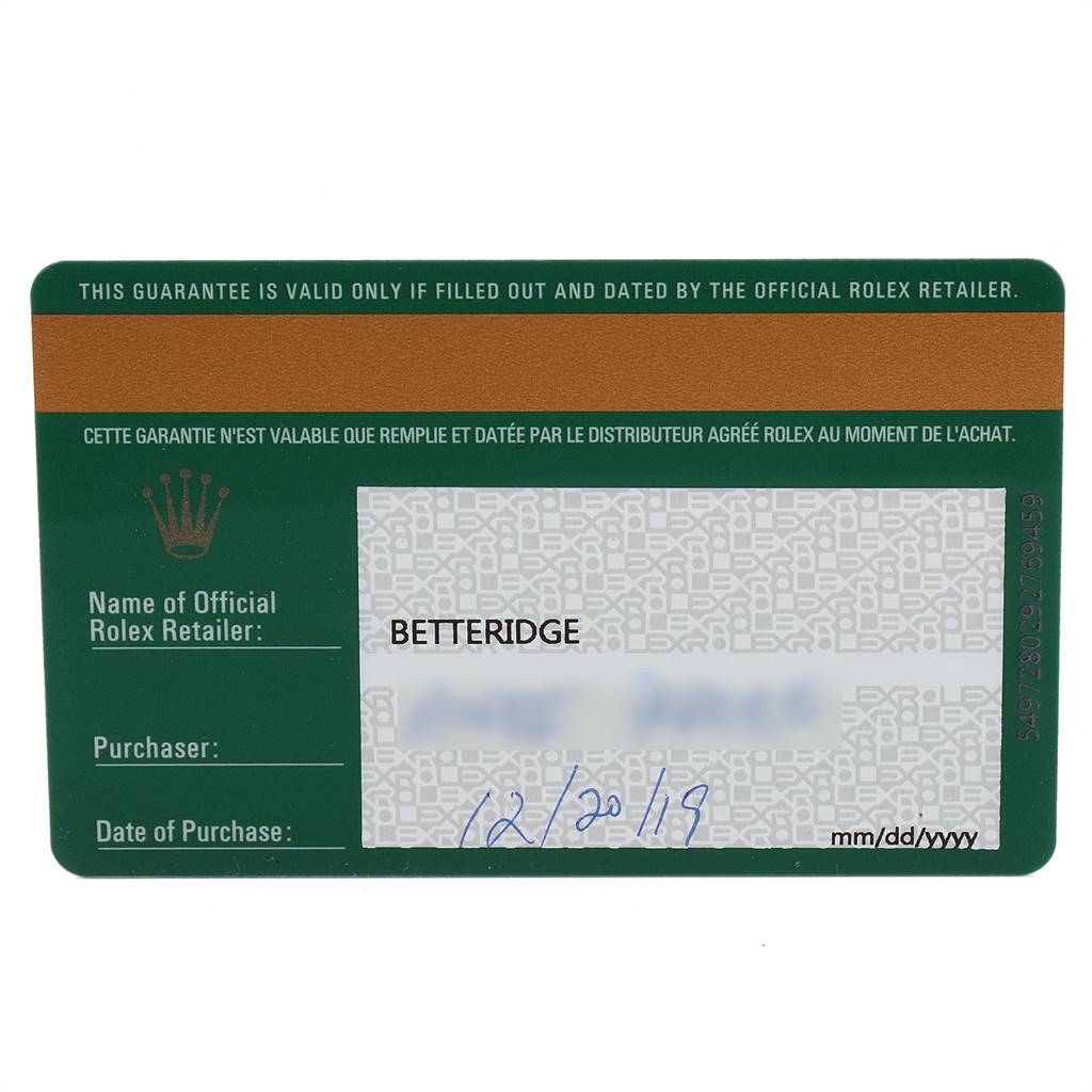 This image shows the official warranty card for a Rolex Mid-Size 178344 Women's Stainless Steel Silver Dial 178344 Women's Stainless Steel Silver Dial model.