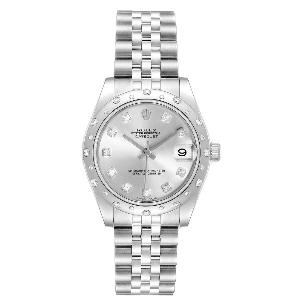 The image shows a front view of a Rolex Mid-Size 178344 Women's Stainless Steel Silver Dial 178344 Women's Stainless Steel Silver Dial Oyster Perpetual Datejust watch, displaying the dial and bracelet.