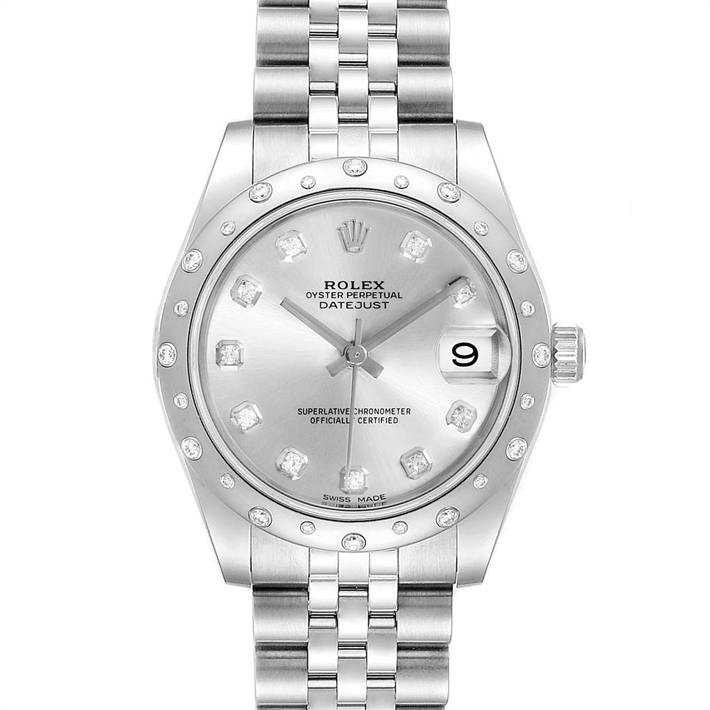 The image shows a front view of the Rolex Mid-Size 178344 Women's Stainless Steel Silver Dial 178344 Women's Stainless Steel Silver Dial Datejust watch, displaying the dial, bezel, crown, and bracelet.