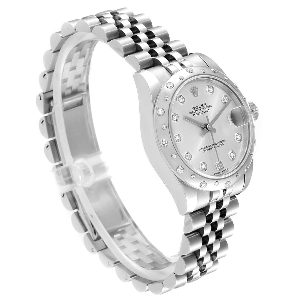 This image showcases a Rolex Mid-Size 178344 Women's Stainless Steel Silver Dial 178344 Women's Stainless Steel Silver Dial Datejust watch, displaying its dial, bezel, and bracelet at an angled side view.