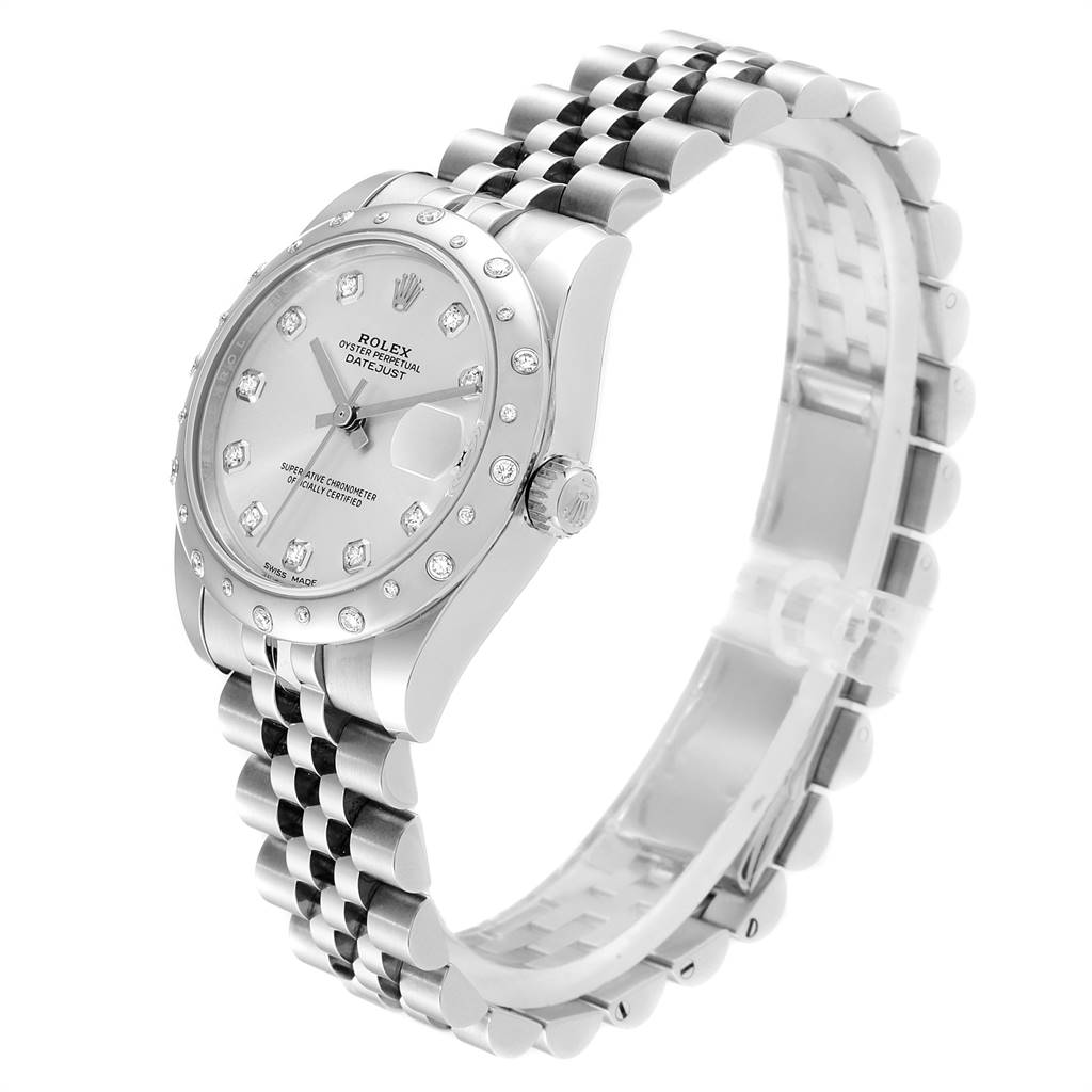 The Rolex Mid-Size 178344 Women's Stainless Steel Silver Dial 178344 Women's Stainless Steel Silver Dial Datejust watch is shown at a three-quarter angle, highlighting its face, bracelet, crown, and diamond markers.