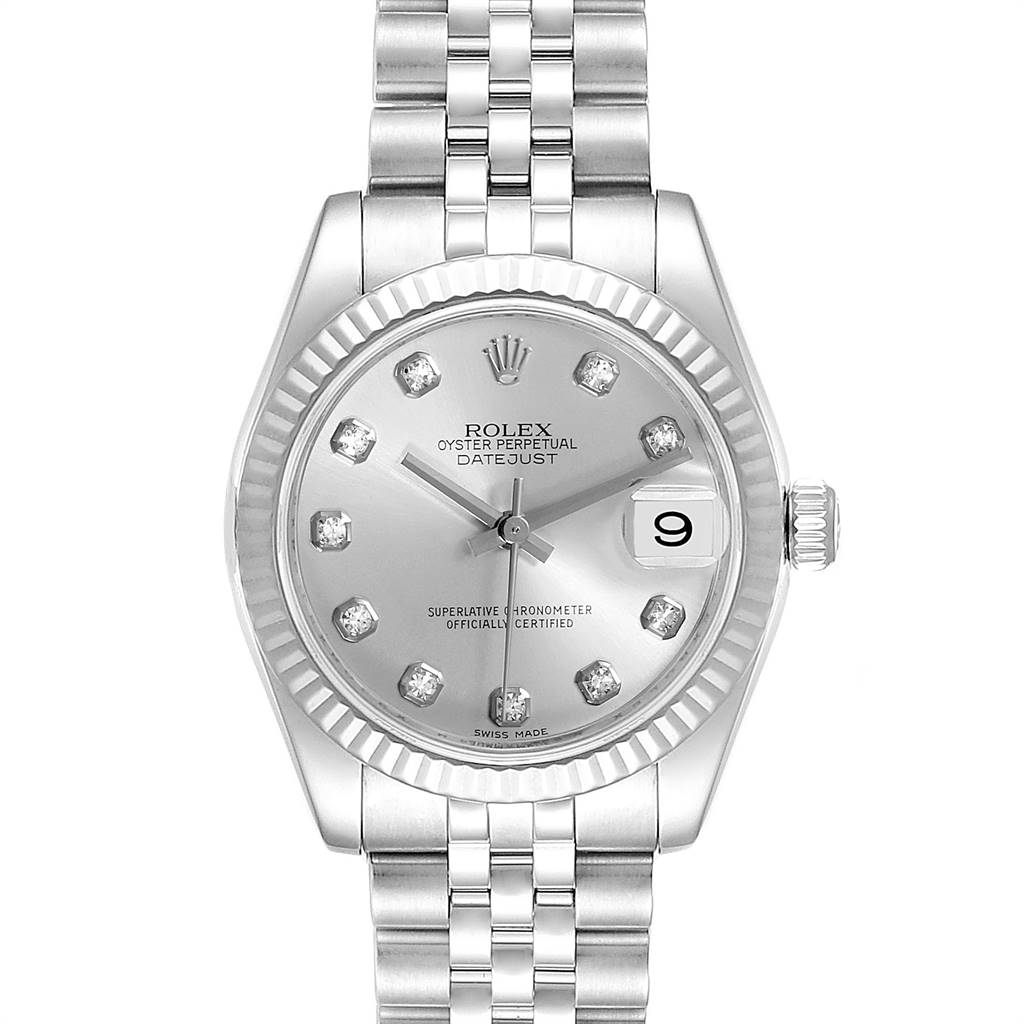 This Rolex Mid-Size 178274 Women's Stainless Steel Silver Dial 178274 Women's Stainless Steel Silver Dial Oyster Perpetual Datejust watch is shown from a front angle, highlighting the face, bezel, and part of the bracelet.