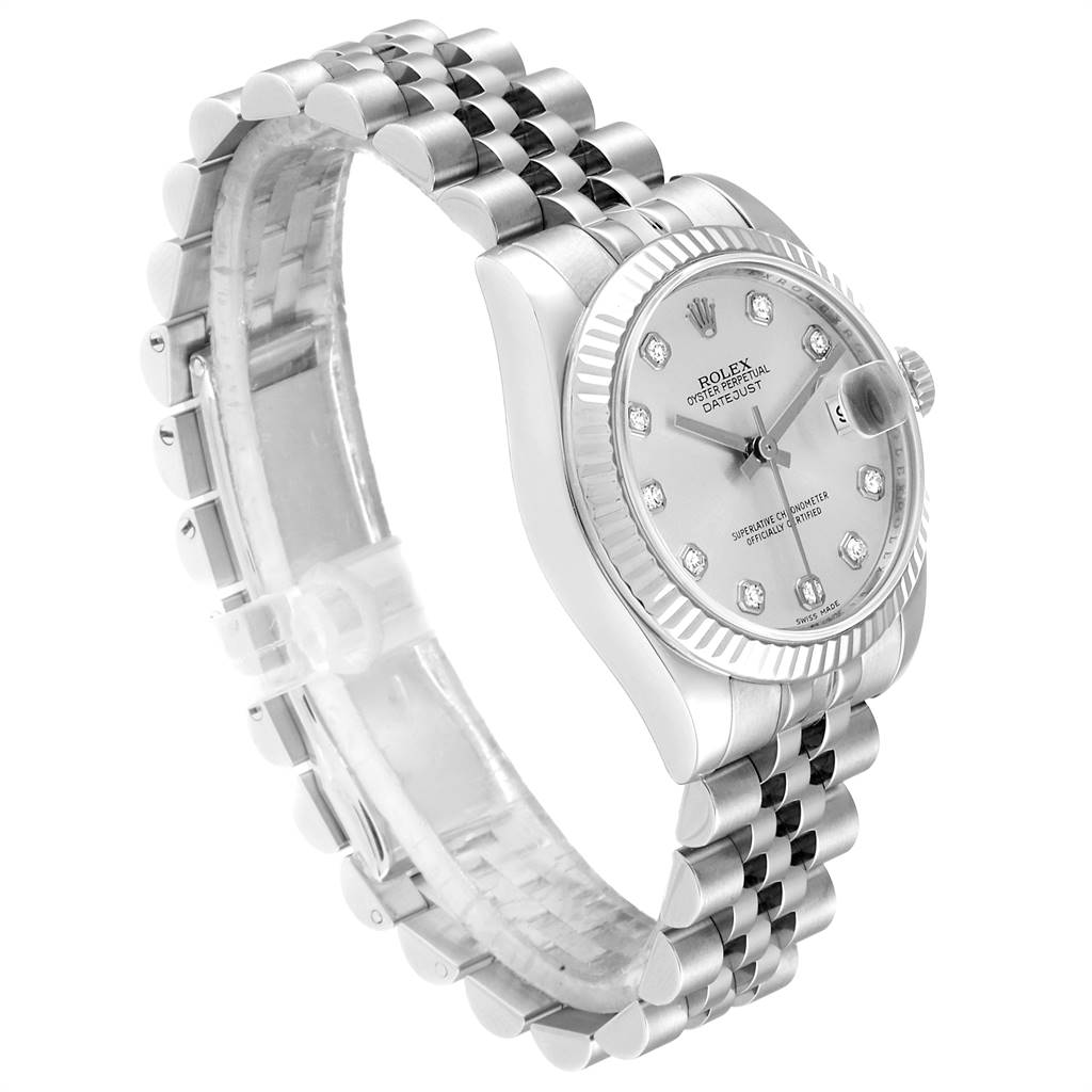 The Rolex Mid-Size 178274 Women's Stainless Steel Silver Dial 178274 Women's Stainless Steel Silver Dial watch is angled to show the face, bezel, crown, and bracelet.