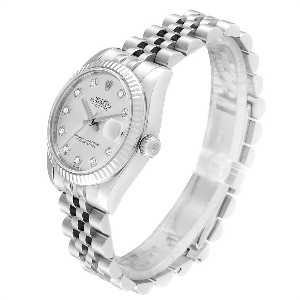 This image shows a side angle of a Rolex Mid-Size 178274 Women's Stainless Steel Silver Dial 178274 Women's Stainless Steel Silver Dial Datejust watch, highlighting the face, crown, and bracelet.