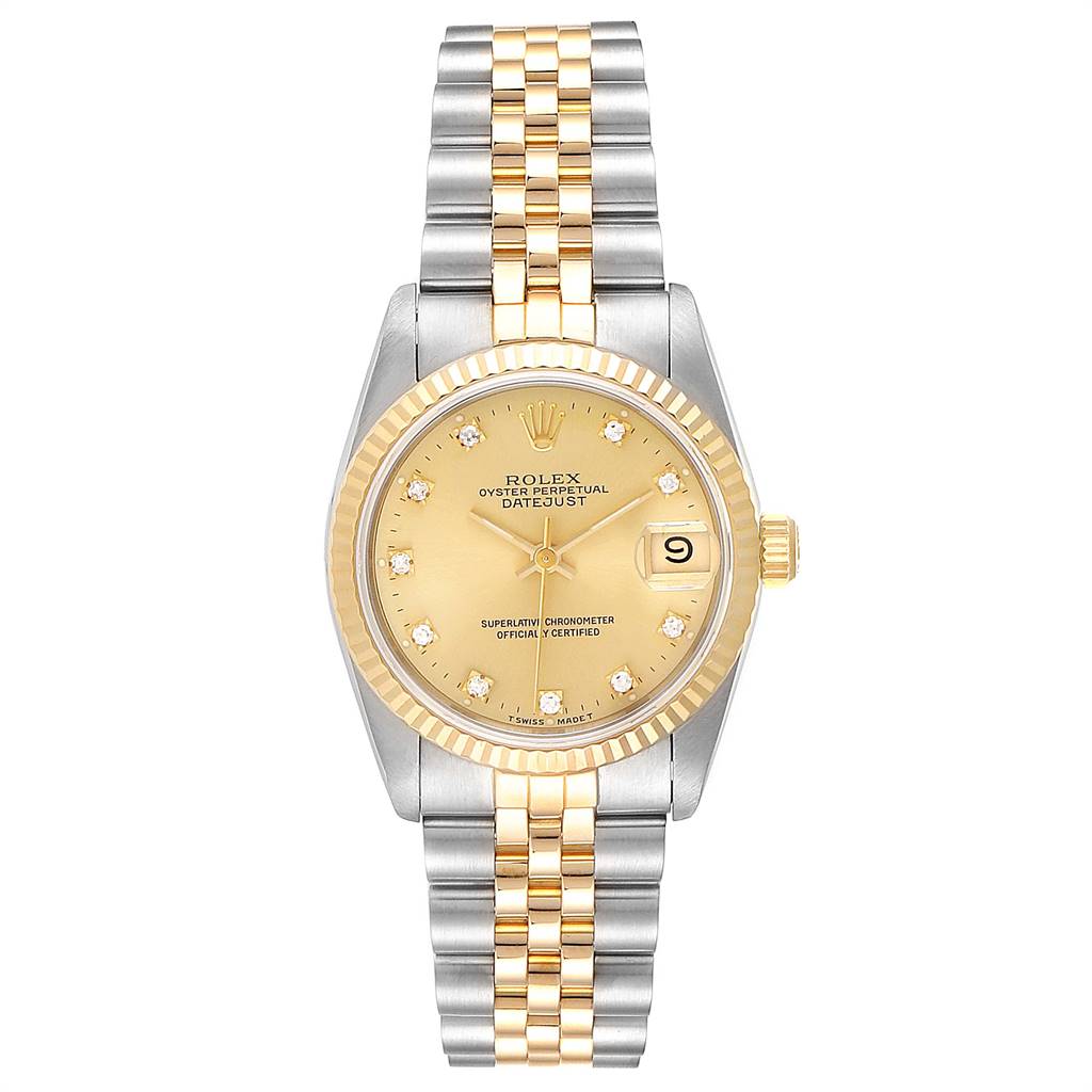The image shows a front view of a Rolex Datejust Mid-Size model, featuring a two-tone band and a gold dial.