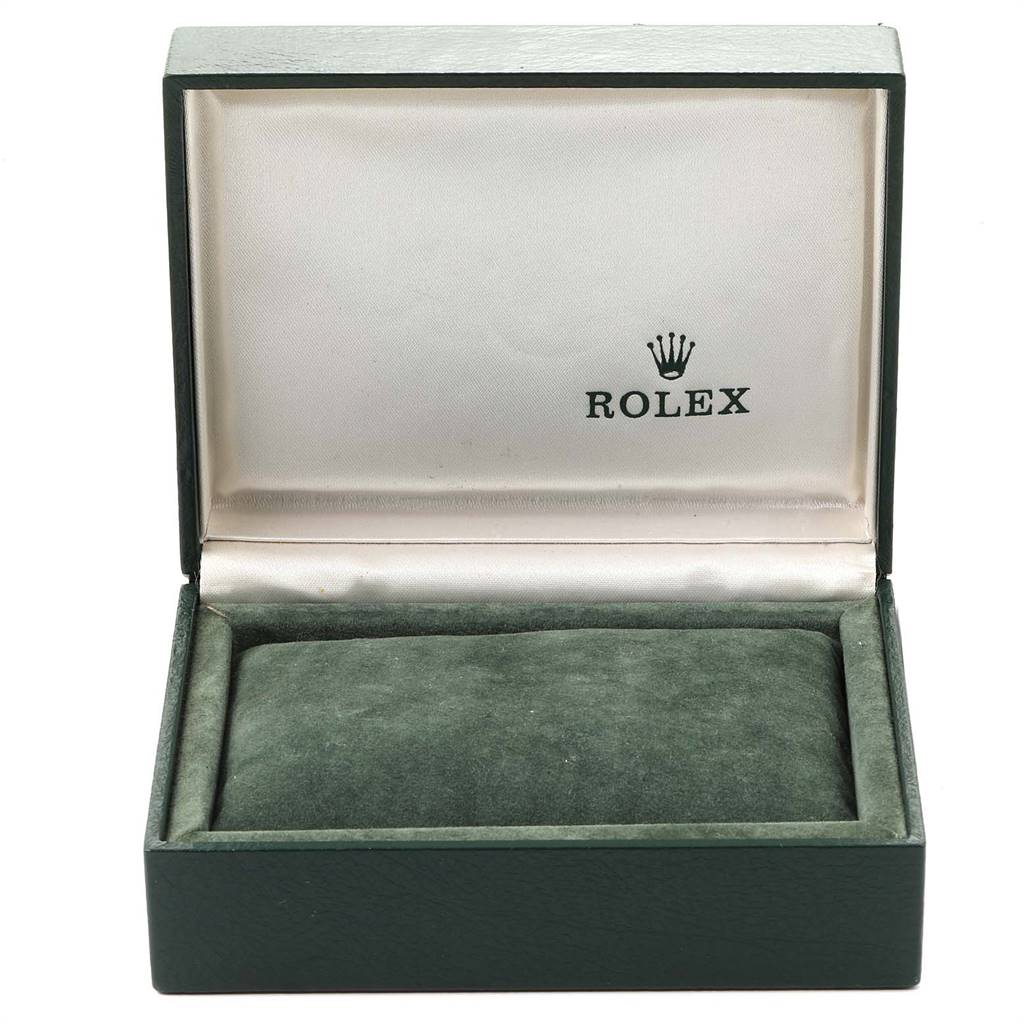 This image shows an empty Rolex watch box for the Mid-Size model from a front angle.