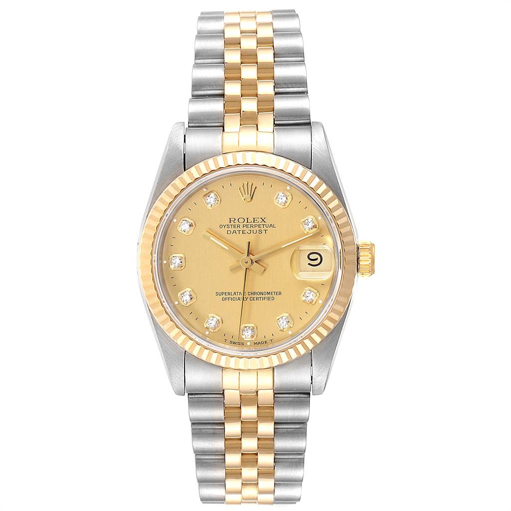 The image shows a frontal view of a Rolex Mid-Size 68273 Women's Steel and Gold (two tone) Champagne Dial 68273 Women's Steel and Gold (two tone) Champagne Dial Datejust watch, highlighting the dial, bezel, and bracelet.