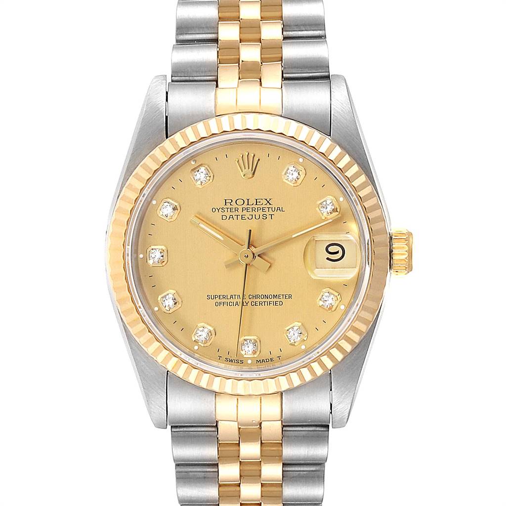 The image shows a front view of the Rolex Oyster Perpetual Datejust Mid-Size model, featuring a gold dial and two-tone bracelet.