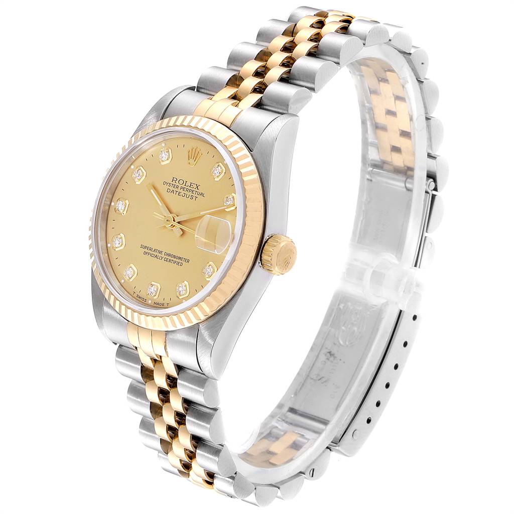 The image shows a Mid-Size Rolex Datejust watch with a gold and silver Jubilee bracelet, viewed from a three-quarter angle.