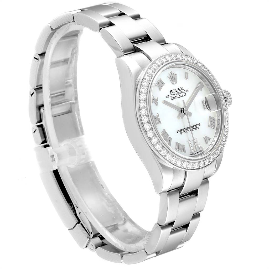 This image shows a side and front view of the Rolex Mid-Size 178384 Women's Stainless Steel Mother of Pearl Dial 178384 Women's Stainless Steel Mother of Pearl Dial Datejust watch, highlighting its band, face, and bezel.