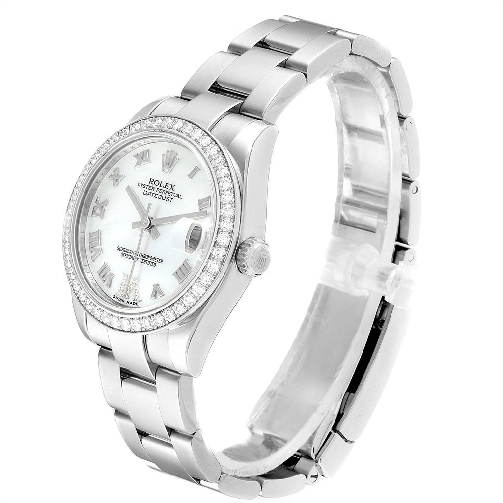 The image shows a side-angle view of the Rolex Mid-Size 178384 Women's Stainless Steel Mother of Pearl Dial 178384 Women's Stainless Steel Mother of Pearl Dial Datejust watch, highlighting the face, bracelet, and crown.