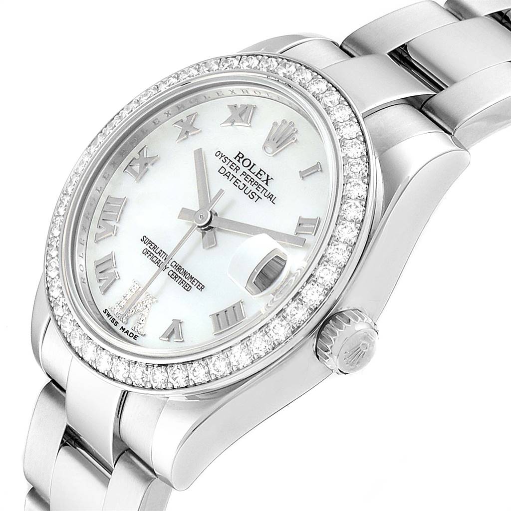 The image shows a Rolex Mid-Size 178384 Women's Stainless Steel Mother of Pearl Dial 178384 Women's Stainless Steel Mother of Pearl Dial Oyster Perpetual Datejust watch at an angled close-up, highlighting the bracelet, bezel, dial, and crown.