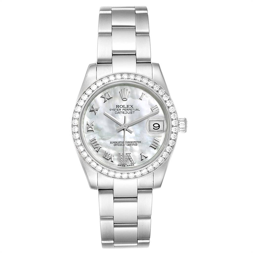 This image shows a front view of a Rolex Mid-Size 178384 Women's Stainless Steel Mother of Pearl Dial 178384 Women's Stainless Steel Mother of Pearl Dial Oyster Perpetual Datejust watch, displaying the face, bezel, and bracelet.