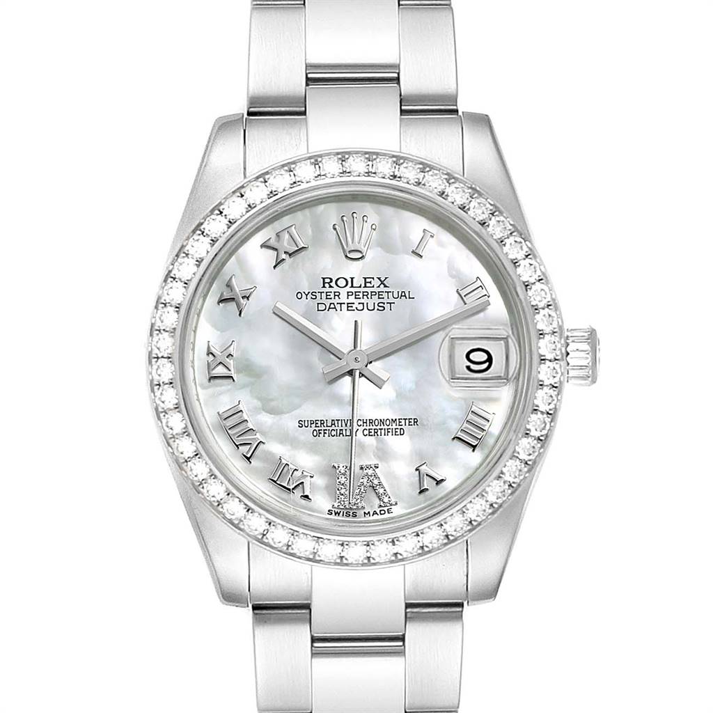 The image shows a front view of a mid-size Rolex Oyster Perpetual Datejust watch, displaying the face, bezel, and part of the bracelet.