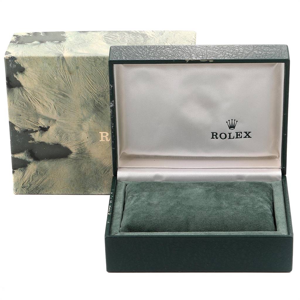 A Rolex Mid-Size 68274 Women's Stainless Steel Silver Dial 68274 Women's Stainless Steel Silver Dial watch box is shown at a frontal angle, with the box open revealing the interior cushion and the Rolex logo.