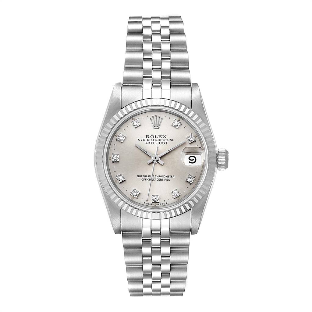 The image shows a front view of the Rolex Datejust Mid-Size with a silver dial, diamond markers, and Jubilee bracelet.