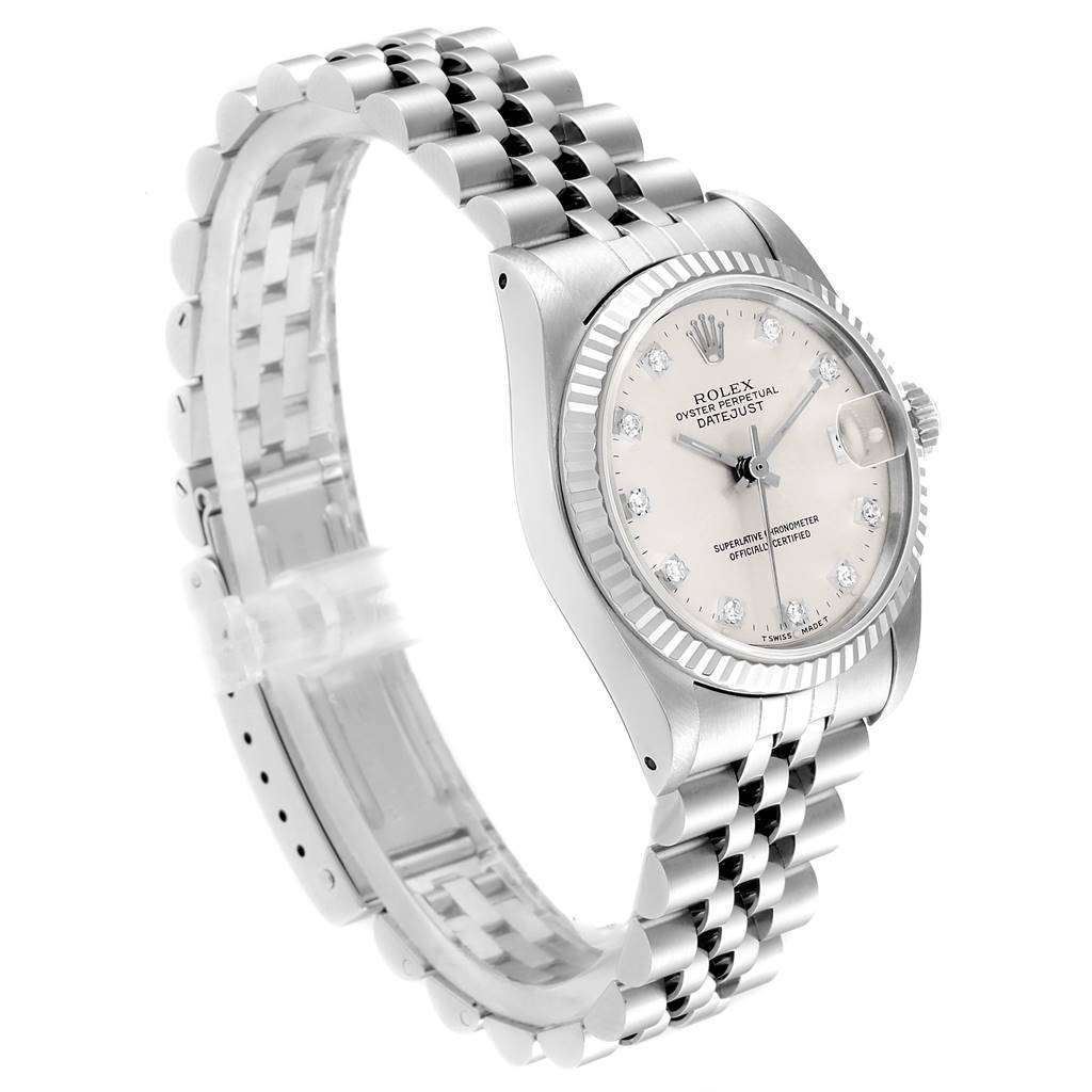 The image shows a side angle of a Rolex Mid-Size 68274 Women's Stainless Steel Silver Dial 68274 Women's Stainless Steel Silver Dial Oyster Perpetual Datejust watch, highlighting its dial, bezel, and bracelet.