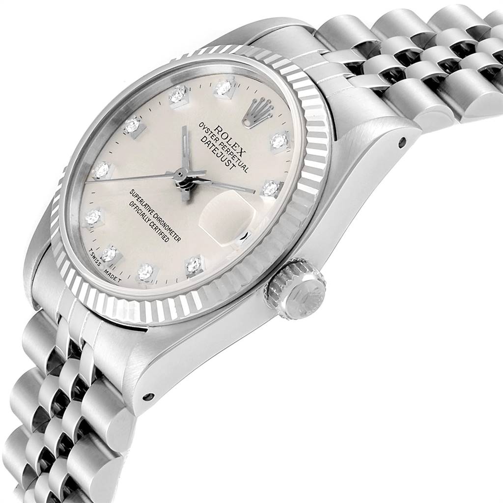 This image shows a Rolex Mid-Size 68274 Women's Stainless Steel Silver Dial 68274 Women's Stainless Steel Silver Dial Oyster Perpetual Datejust watch from a side angle, highlighting the dial, bezel, crown, and bracelet.