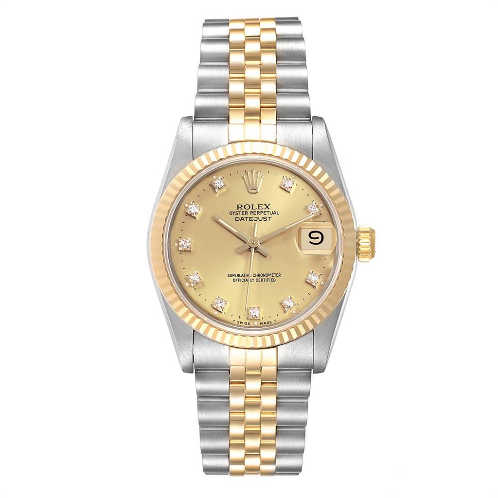 The image shows a front view of a Rolex Mid-Size 68273 Women's Steel and Gold (two tone) Champagne Dial 68273 Women's Steel and Gold (two tone) Champagne Dial Datejust watch, displaying its dial, fluted bezel, and two-tone Jubilee bracelet.