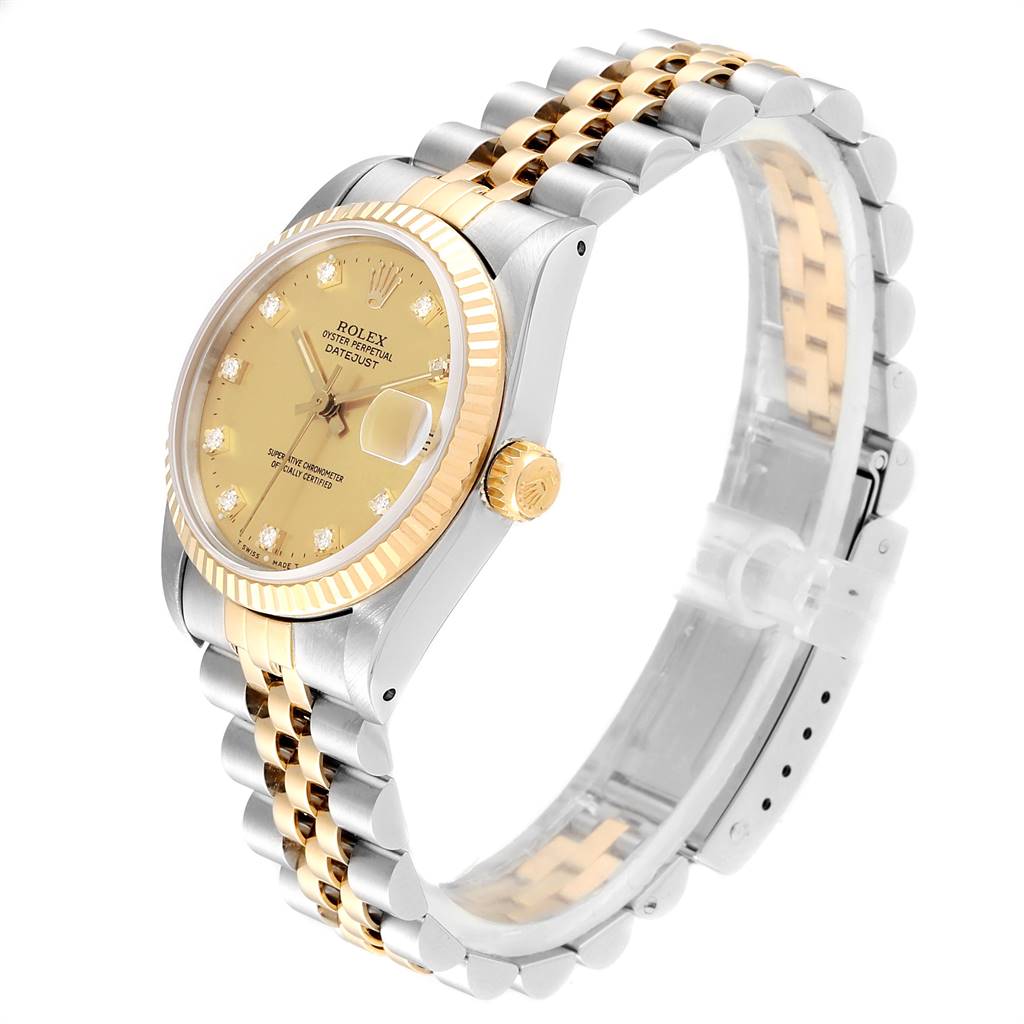 The Rolex Mid-Size 68273 Women's Steel and Gold (two tone) Champagne Dial 68273 Women's Steel and Gold (two tone) Champagne Dial watch is shown at a slight side angle, displaying the face, bezel, crown, and two-tone bracelet.