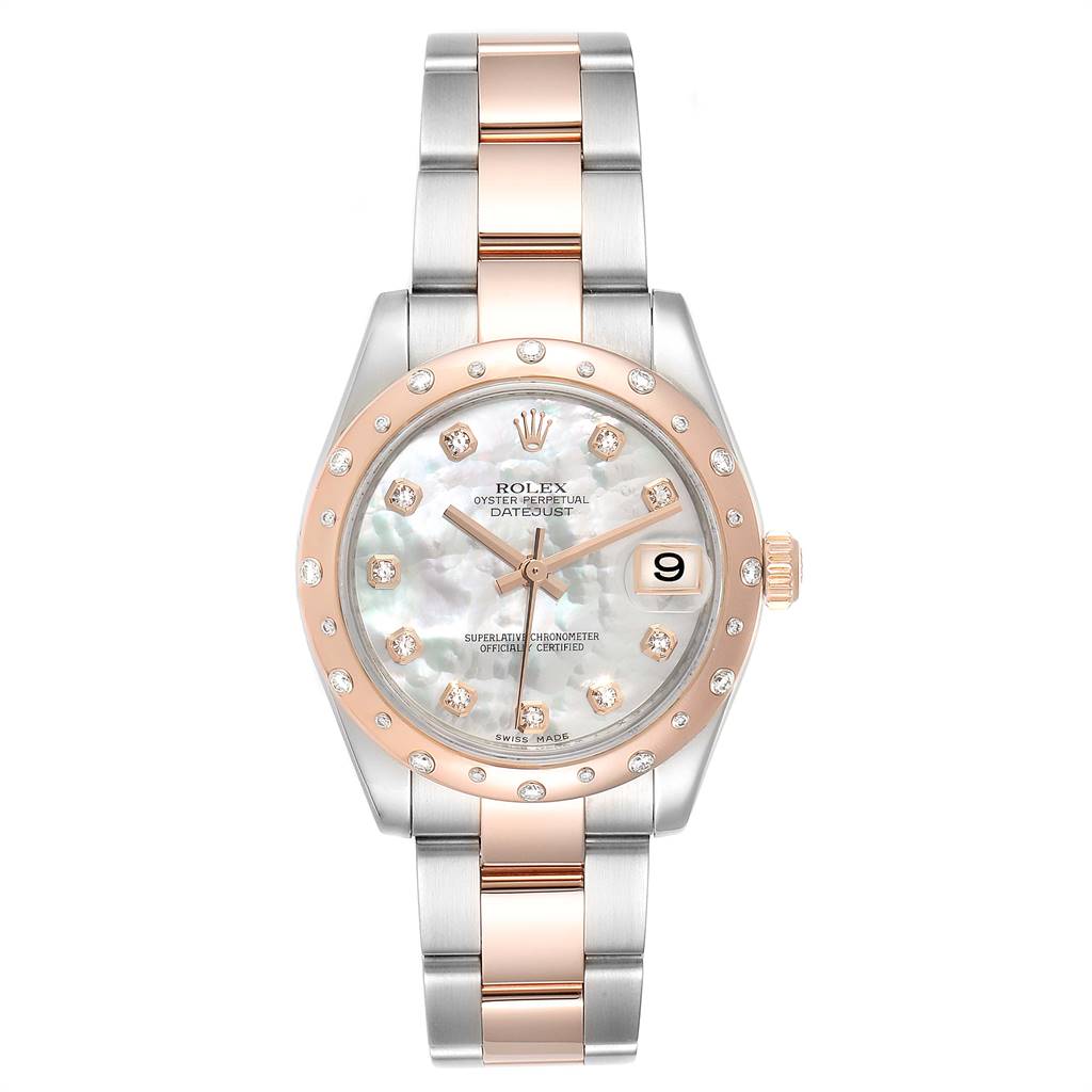 The Rolex Mid-Size 178341 Women
s Steel and Gold (two tone) Mother of Pearl Dial 178341 Women
s Steel and Gold (two tone) Mother of Pearl Dial Datejust watch is shown from the front, displaying the dial, bezel, and bracelet.