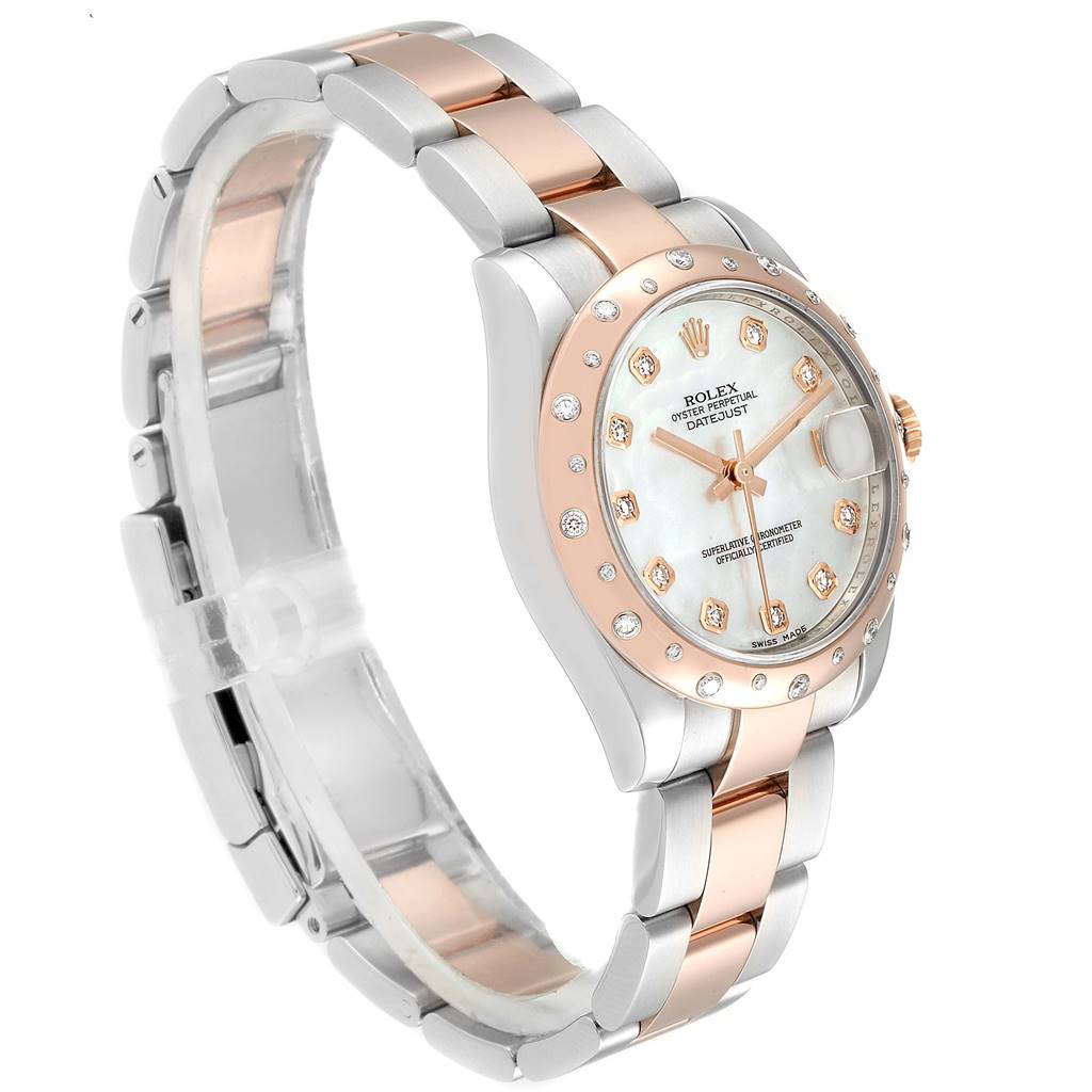 This image shows a side angle view of the Rolex Mid-Size 178341 Women
s Steel and Gold (two tone) Mother of Pearl Dial 178341 Women
s Steel and Gold (two tone) Mother of Pearl Dial watch, focusing on the dial, bezel, and band.