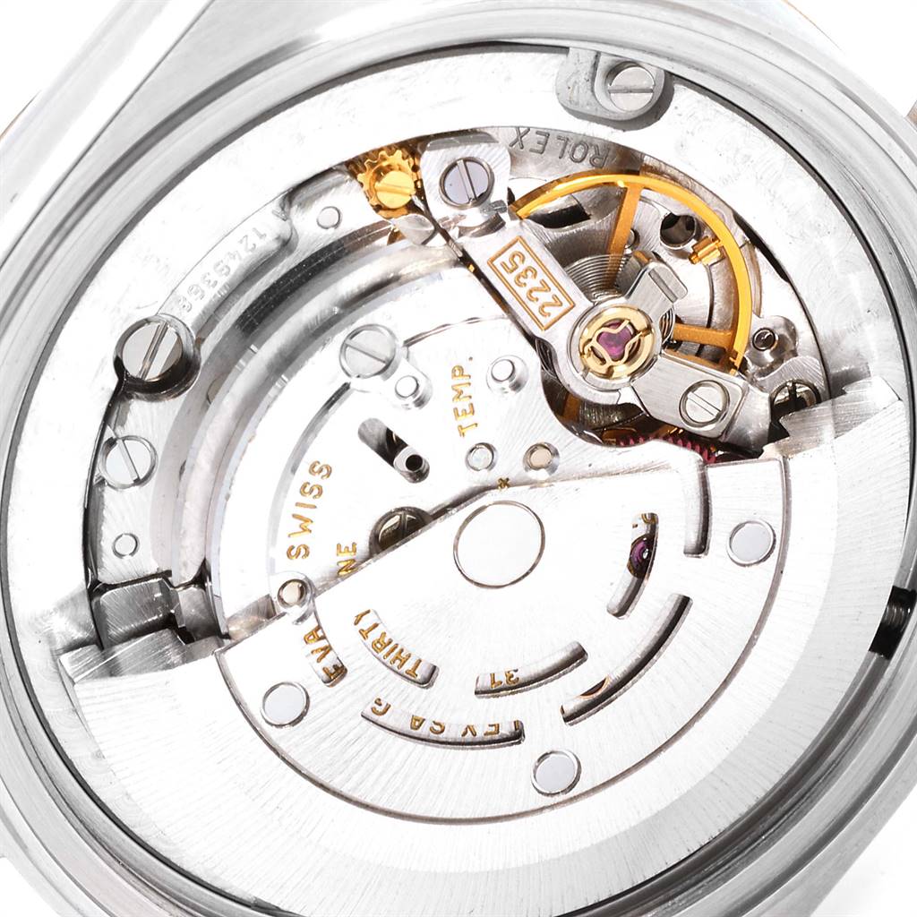 This image shows the internal movement mechanism of a Rolex Mid-Size 68273 Women's Steel and Gold (two tone) Silver Dial 68273 Women's Steel and Gold (two tone) Silver Dial model watch from the back.