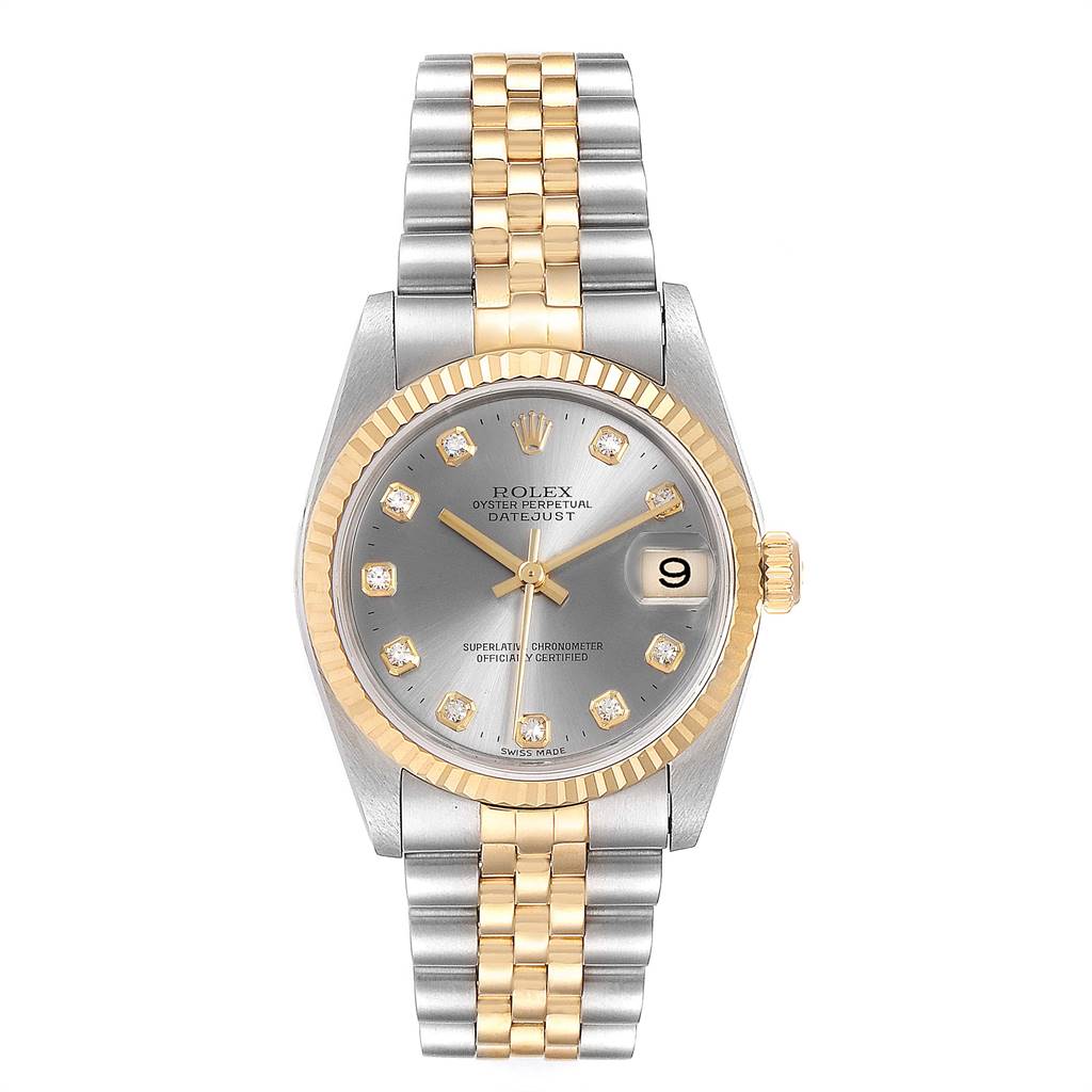 This image shows a Mid-Size Rolex Datejust watch from a front angle, highlighting the dial, bezel, and bracelet.