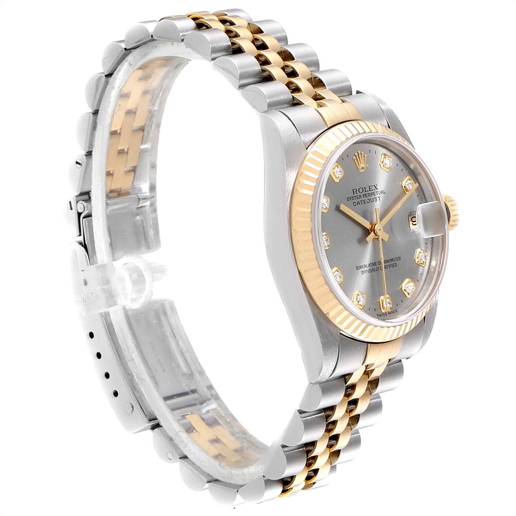The image shows a side angle of a Rolex Mid-Size 68273 Women's Steel and Gold (two tone) Silver Dial 68273 Women's Steel and Gold (two tone) Silver Dial Datejust, highlighting the bracelet, case, and dial.