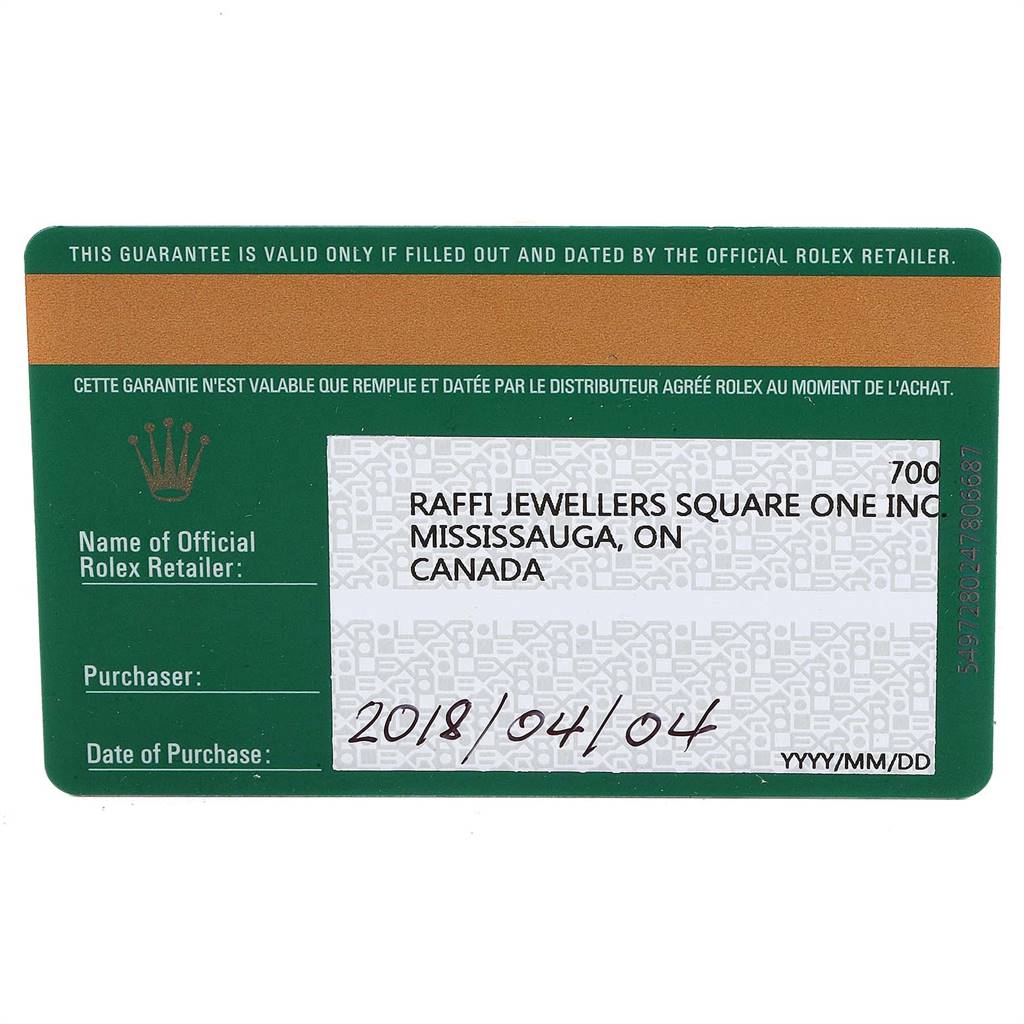 This is a close-up image of the guarantee card for a Rolex Mid-Size 177200 Women's Stainless Steel White Dial 177200 Women's Stainless Steel White Dial model watch.