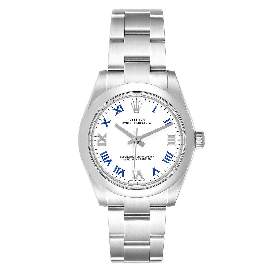 This image shows a front view of a Rolex Oyster Perpetual Mid-Size watch, displaying its stainless steel bracelet and white dial with blue Roman numerals.