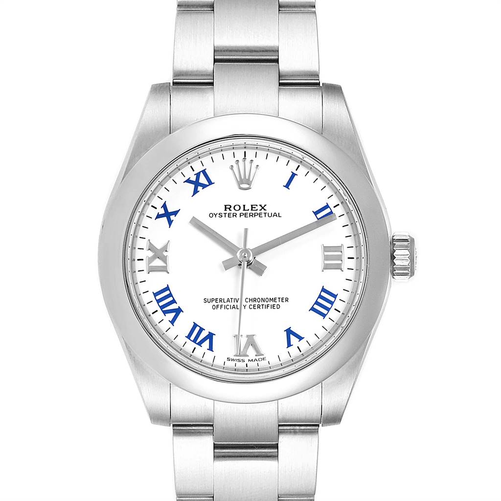 The Rolex Mid-Size 177200 Women's Stainless Steel White Dial 177200 Women's Stainless Steel White Dial Oyster Perpetual watch is shown from a front angle, displaying the face, bracelet, and crown.