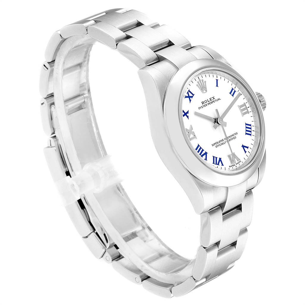 The image shows a Rolex Mid-Size 177200 Women's Stainless Steel White Dial 177200 Women's Stainless Steel White Dial model watch at a three-quarter angle, highlighting its metal bracelet and white dial with blue Roman numerals.