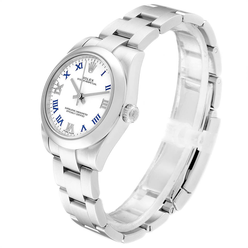 The image shows a Rolex Mid-Size 177200 Women's Stainless Steel White Dial 177200 Women's Stainless Steel White Dial model watch at a slight angle, highlighting the face, bezel, case, and bracelet.