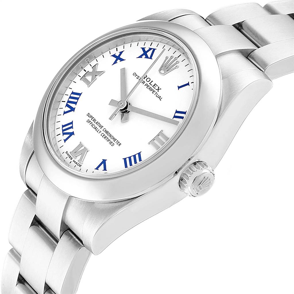 The Rolex Mid-Size 177200 Women's Stainless Steel White Dial 177200 Women's Stainless Steel White Dial watch is shown at an angled side view, displaying its face, crown, and part of the bracelet.