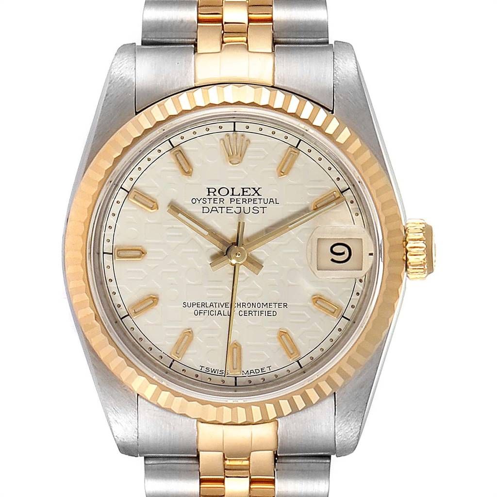 The image shows a front view of a Rolex Mid-Size 68273 Women's Steel and Gold (two tone) Beige Dial 68273 Women's Steel and Gold (two tone) Beige Dial Oyster Perpetual Datejust watch, highlighting the dial, bezel, and part of the bracelet.