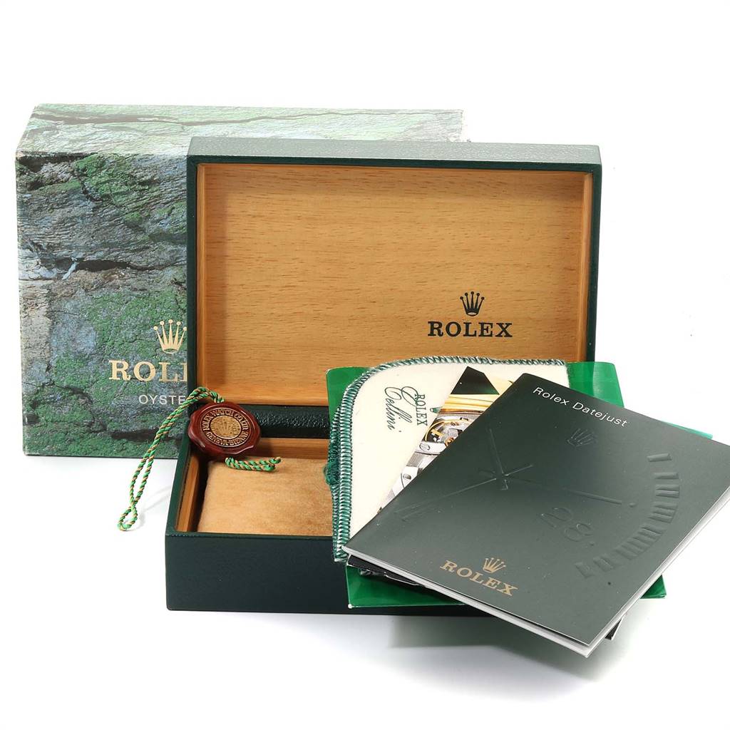 The image displays a Rolex Mid-Size 68273 Women's Steel and Gold (two tone) Beige Dial 68273 Women's Steel and Gold (two tone) Beige Dial watch box and accessories, including booklets, a tag, and the watch box itself.