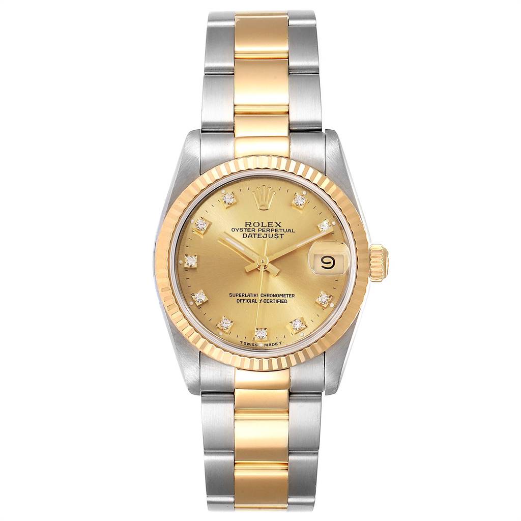 This image shows a Rolex Mid-Size 68273 Women's Steel and Gold (two tone) Champagne Dial 68273 Women's Steel and Gold (two tone) Champagne Dial Datejust watch from a front angle, highlighting the dial, bezel, and two-tone bracelet.