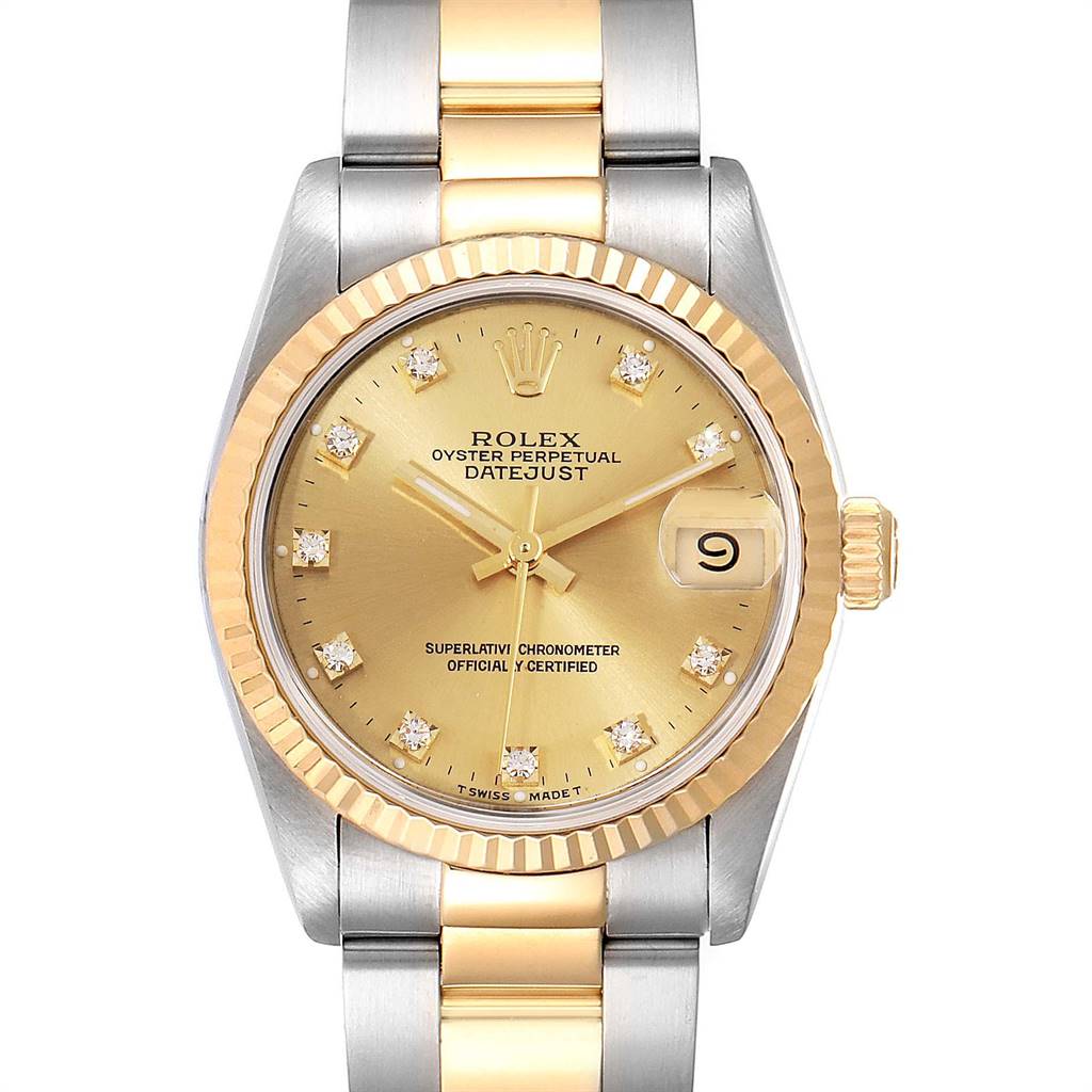This image shows a Rolex Mid-Size 68273 Women's Steel and Gold (two tone) Champagne Dial 68273 Women's Steel and Gold (two tone) Champagne Dial Oyster Perpetual Datejust from a straight-on angle, displaying the dial, bezel, crown, and bracelet.