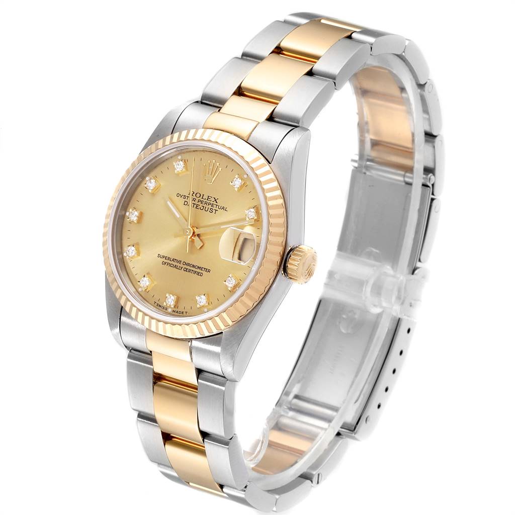 The Rolex Mid-Size 68273 Women's Steel and Gold (two tone) Champagne Dial 68273 Women's Steel and Gold (two tone) Champagne Dial model watch is shown at a slightly tilted angle displaying its face, bezel, crown, and bracelet.