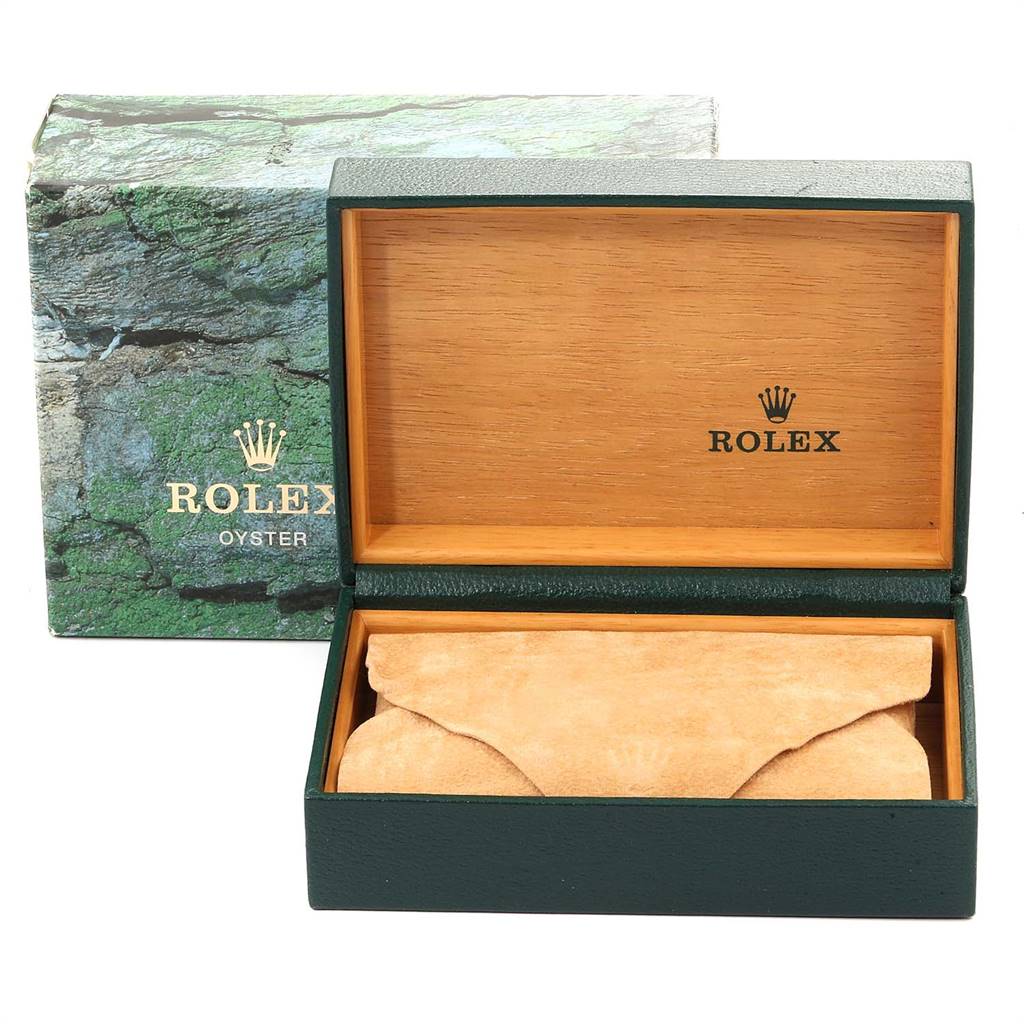The image shows an open Rolex Oyster box for a Mid-Size model watch, displaying the inner suede pouch and the outer cardboard box.