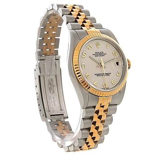 This image shows a Mid-Size Rolex Datejust with a two-tone band, fluted bezel, and a silver dial photographed at a three-quarter angle.