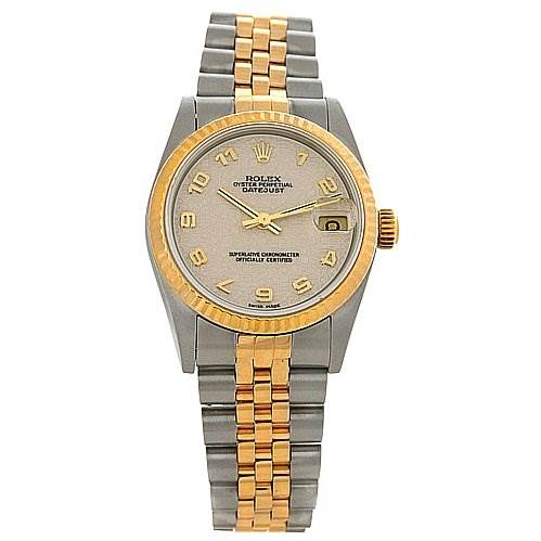 This Rolex Mid-Size 78273 Women's Stainless Steel Beige Dial 78273 Women's Stainless Steel Beige Dial watch displays a front view, showcasing its two-tone bracelet, dial, bezel, and crown.