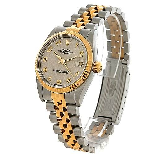 This angled view of a Mid-Size Rolex watch showcases its face, bezel, crown, and two-tone bracelet.