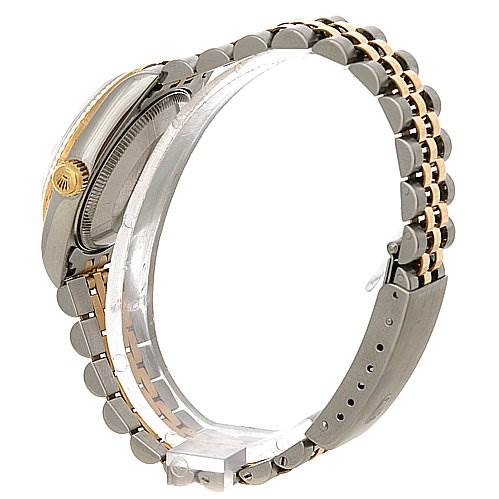 The image shows a side view of a Mid-Size Rolex watch showcasing the band and crown.