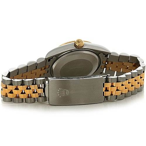 This is a rear view of the Rolex Mid-Size 78273 Women's Stainless Steel Beige Dial 78273 Women's Stainless Steel Beige Dial model showing the bracelet, clasp, and case back.