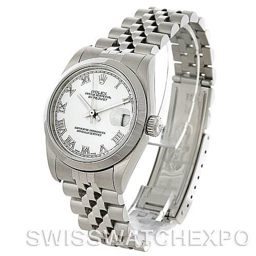 The image shows a Rolex Mid-Size 78240 Women's Stainless Steel White Dial 78240 Women's Stainless Steel White Dial Datejust watch at a 3/4 angle, highlighting its face, bezel, crown, and metal bracelet.