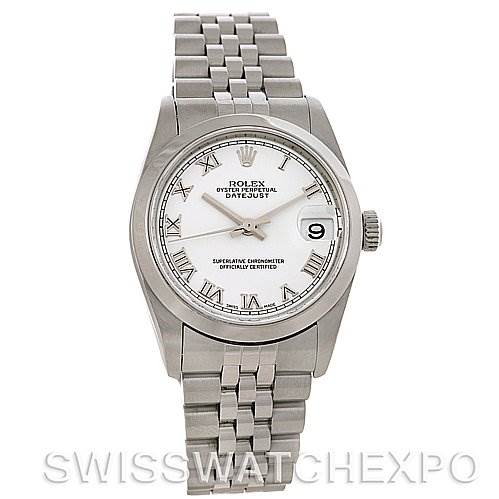 The image shows a front view of a Rolex Mid-Size 78240 Women's Stainless Steel White Dial 78240 Women's Stainless Steel White Dial Datejust watch, highlighting its face, bracelet, and crown.