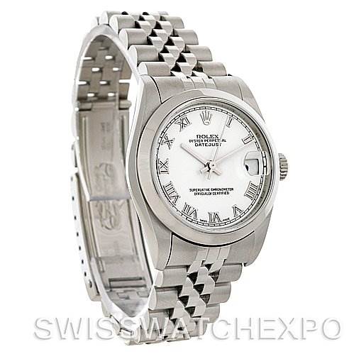 This is a Rolex Datejust Mid-Size watch shown at an angle highlighting the face, bezel, crown, and bracelet.